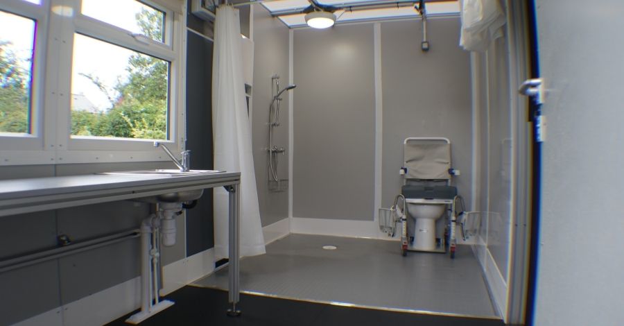Wheelchair accessible wet room temporary modular solution by the Temporary Solutions Group